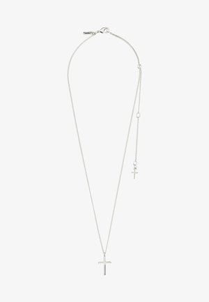 Hõbedane ketigaelne kaelakee, millel on suur horisontaalne risti ripats ja väiksem rippuv risti aksessuaar. Sile tekstuur ja minimalistlik disain.