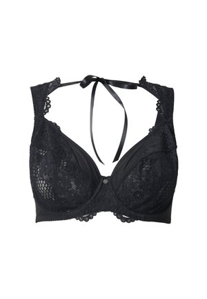 Soutien-gorge en dentelle noire avec armatures, motifs floraux, détails en tulle, larges bretelles et un nœud en satin à l'arrière.