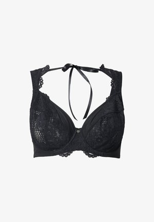 Reggiseno in pizzo nero con stecche, motivi floreali, dettagli in rete, spalline larghe e un nastro di raso legato sul retro.