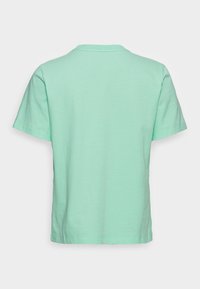 Camiseta de algodón verde menta con mangas cortas, cuello redondo y dobladillo recto. Sin patrones ni adornos visibles. Vista trasera.