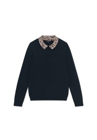 Maglione blu navy con colletto a stampa leopardata, maniche lunghe e scollatura rotonda. Realizzato in tessuto morbido, presenta una vestibilità classica e orlo a coste.