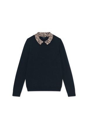 Maglione blu navy con colletto a stampa leopardata, maniche lunghe e scollatura rotonda. Realizzato in tessuto morbido, presenta una vestibilità classica e orlo a coste.