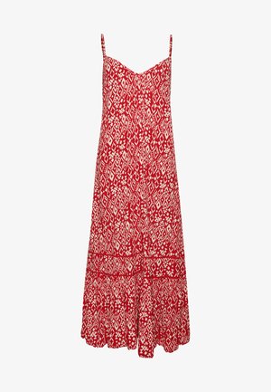 Czerwona sukienka maxi bez rękawów z cienkimi ramiączkami, ozdobiona białymi geometrycznymi i kwiatowymi wzorami na całej powierzchni.