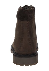 Stivale in pelle marrone scuro con colletto imbottito, cuciture, suola in gomma spessa e cerniera laterale, visto dalla parte posteriore.