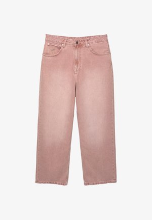 High-waist, wide-leg jeans in faded dusty pink color with front button, pockets, and belt loops, shown on a white background.