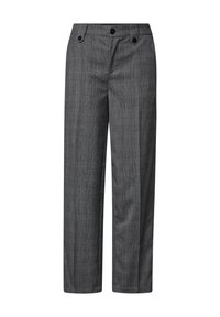 Pantalons à carreaux gris avec un design à jambe droite. Comprend deux boutons noirs à la taille et une texture lisse. La coupe cintrée améliore la tenue.