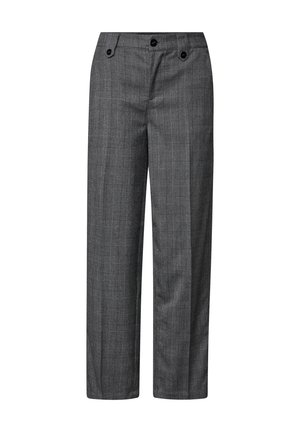 Pantalons à carreaux gris avec un design à jambe droite. Comprend deux boutons noirs à la taille et une texture lisse. La coupe cintrée améliore la tenue.