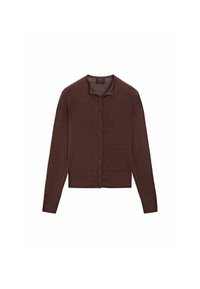 Bruine cardigan van gestructureerde stof, met een knoopsluiting aan de voorkant, een kraag en lange mouwen. Het ontwerp is eenvoudig en aansluitend.
