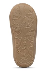 Suela de goma con patrón de logo en relieve, color marrón claro, con superficie texturizada para un agarre y durabilidad. Detalle de logo circular presente.