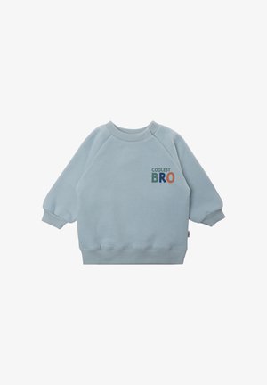 Light blue sweatshirt made of soft fabric, featuring raglan sleeves and ribbed cuffs. "COOLEST BRO" printed in dark green and orange.