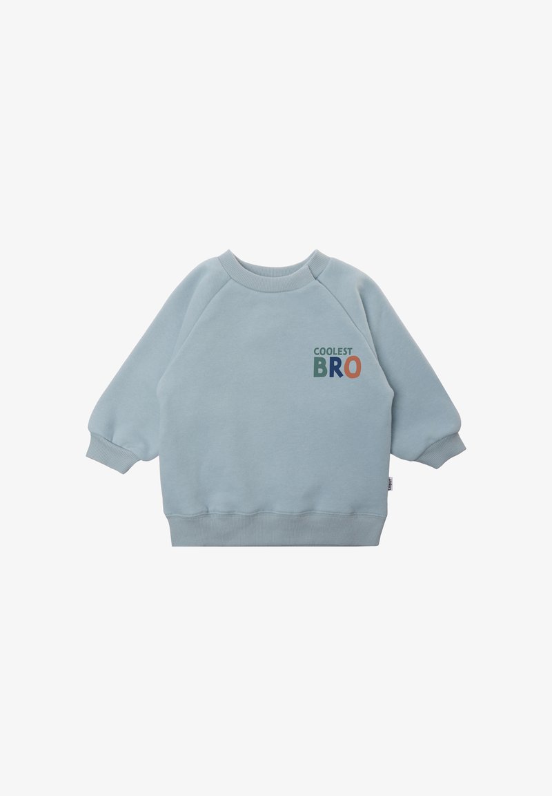 Light blue sweatshirt made of soft fabric, featuring raglan sleeves and ribbed cuffs. "COOLEST BRO" printed in dark green and orange.
