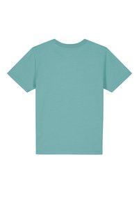 T-shirt turquoise à manches courtes en tissu doux, avec un col rond et un dos uni sans motifs ni accents.