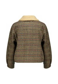 Geruite jas met een nep-shearling kraag, in een mix van bruin, crème en rode tinten, en een losse, boxy pasvorm.