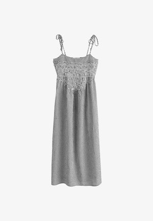 Mustvalge gingham-mustriga midi-pikkusega kleit tikitud bodi ja reguleeritavate õlapaeltega, esitletud valgel taustal.