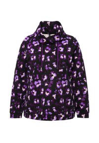 Felpa con cappuccio floreale nera, caratterizzata da motivi di fiori viola e bianchi, collo a pipistrello, cordini e maniche lunghe. Tessuto morbido.