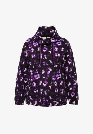 Floral pullover hoodie in black, featuring purple and white flower patterns, cowl neck, drawstrings, and long sleeves. Soft fabric texture.
