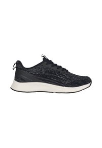 Schwarzer Sportschuh mit Obermaterial aus strukturiertem Strick, Gummisohle und weißem Zwischensohleneinsatz. Verfügt über einen Ziehgriff und ein minimalistisches Design.