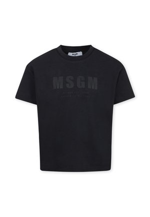 T-shirt nera in cotone con colletto rotondo e maniche corte. Presenta loghi in rilievo sul fronte, design semplice e vestibilità dritta.