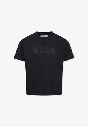 T-shirt nera in cotone con colletto rotondo e maniche corte. Presenta loghi in rilievo sul fronte, design semplice e vestibilità dritta.