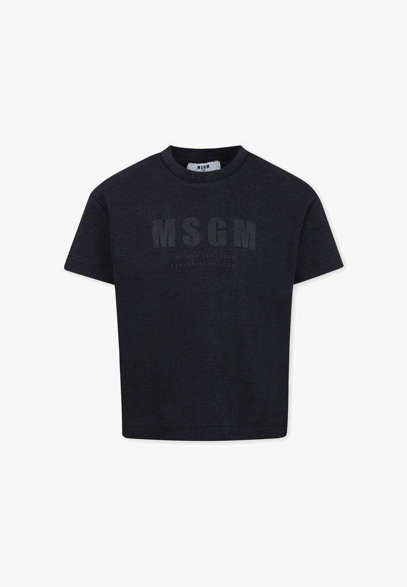 T-shirt nera in cotone con colletto rotondo e maniche corte. Presenta loghi in rilievo sul fronte, design semplice e vestibilità dritta.