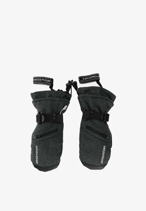 Czarne materiałowe rękawice z teksturowaną powierzchnią, regulowanymi paskami i elastycznymi brzegami. Posiadają dwie kieszenie na zamek i logo.