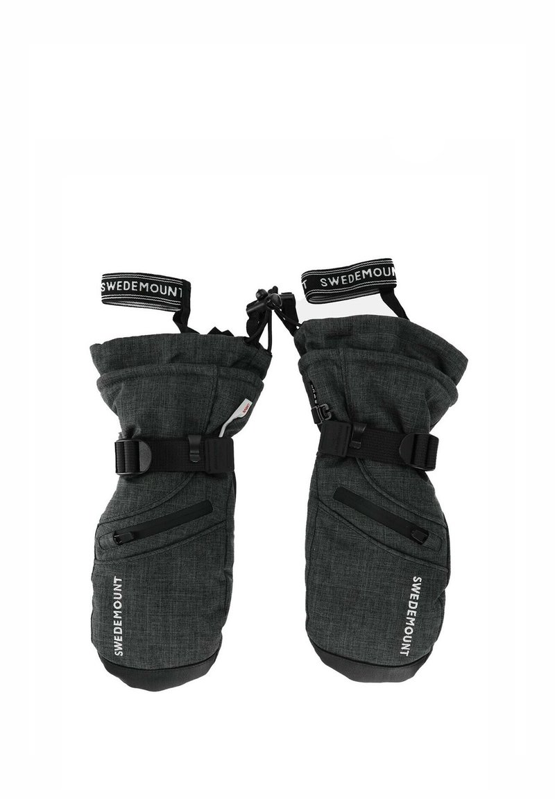 Muffole nere in tessuto con superficie texturizzata, cinturini regolabili e bordi elasticizzati. Presentano due tasche con zip e un logo.