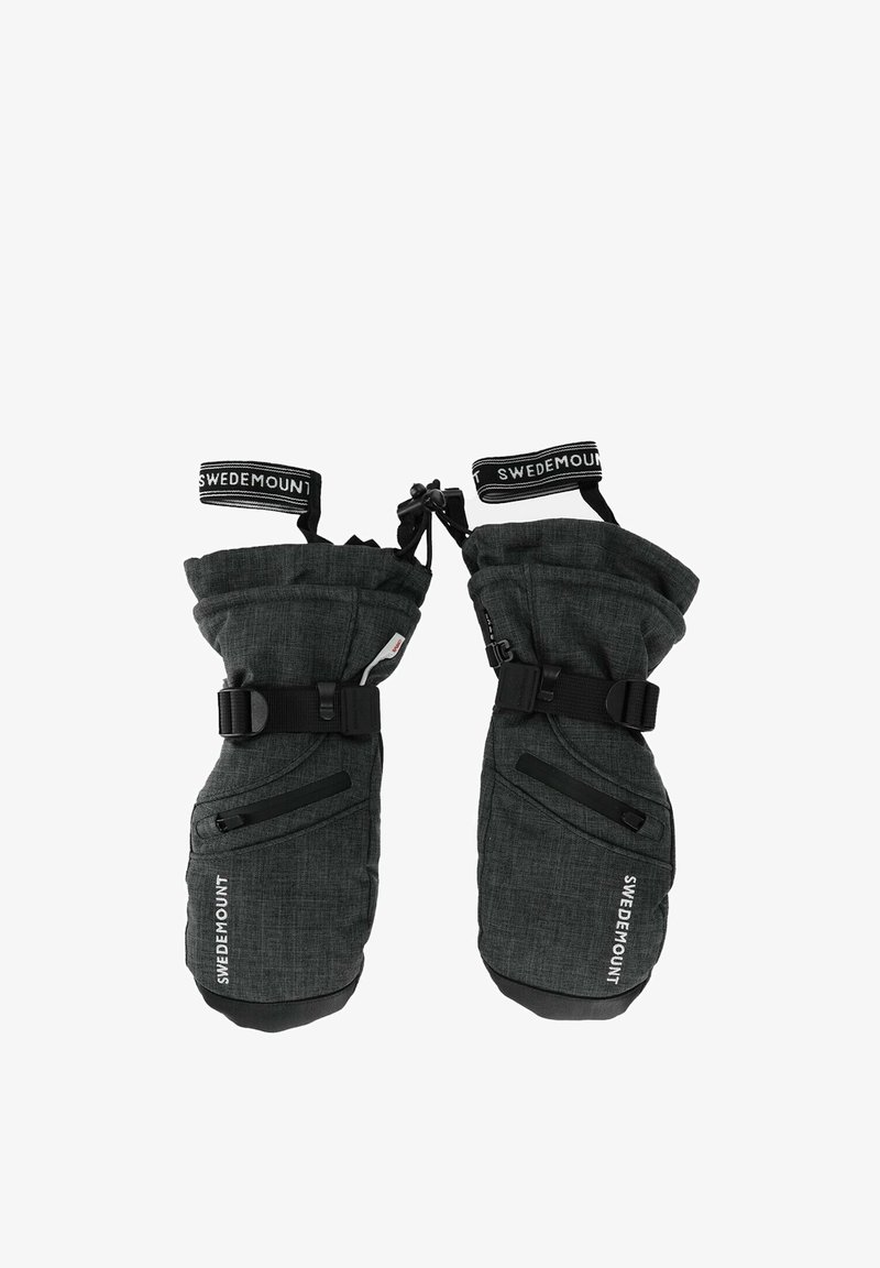 Schwarze Stoffhandschuhe mit einer strukturierten Oberfläche, verstellbaren Riemen und elastischen Bündchen. Verfügt über zwei Reißverschlusstaschen und ein Logo.