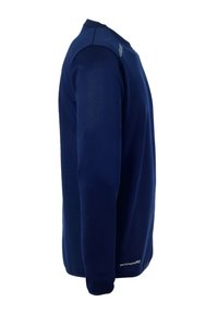 Marineblaues Langarmshirt aus glattem Stoff mit Rundhalsausschnitt und einem Logo auf der linken Schulter. Verfügt über einen geraden Schnitt.