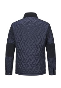 Marineblaue gesteppte Jacke mit einem strukturierten Diamantmuster, schwarzen Cord-Schulterflecken und Knopfmanschetten. Glatter Stoff mit Stehkragen.