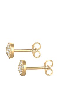 Boucles d'oreilles en métal doré en forme ronde, ornées de cristaux transparents à l'avant, avec une tige droite et des poussettes circulaires.