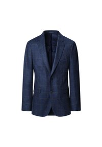 Wool blejzer u tamnoplavoj boji s kariranim uzorkom u smešnim i žutim nijansama. Ima oštri rever, dva dugmeta i prednje džepove.