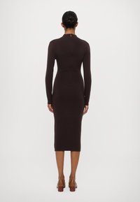 Robe à manches longues, ajustée, en tissu tricoté marron foncé, longueur mi-mollet avec une fermeture éclair discrète au dos et un design minimaliste.