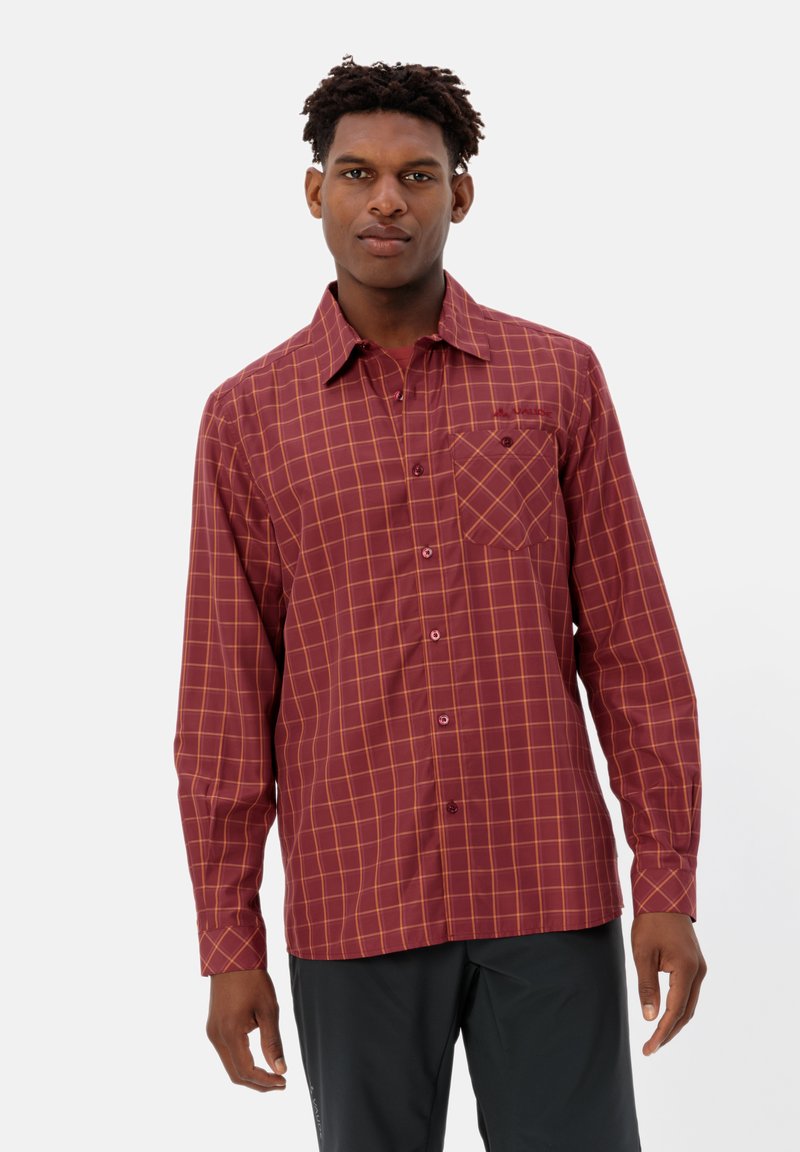 Langarmige kastanjebruine geruite shirt met een oranje rasterpatroon, knoopsluiting en een enkele borstzak. Glad stof, ontspannen pasvorm.