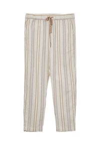 Pantalons beige clair avec des rayures verticales dans deux nuances de beige et de bordeaux. Dotés d'une taille élastique avec un cordon de serrage pour un ajustement réglable.