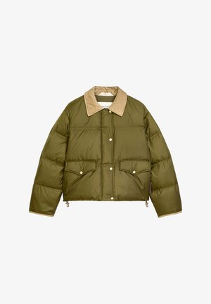 Doudoune vert olive avec un col beige, boutons-pression à l'avant, deux poches poitrine et ourlet élastique pour un ajustement sécurisé.