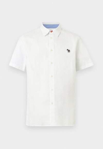 White short-sleeve button-up shirt with a collar and small multicolored zebra logo on the left chest.