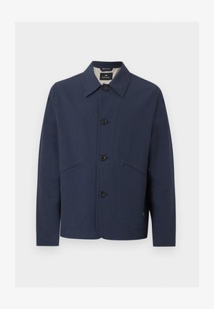 Tamnoplava jakna na kopčanje s ovratnikom, dugim rukavima i dva dijagonalna džepa sprijeda, izrađena od teksturiranog tkanja.