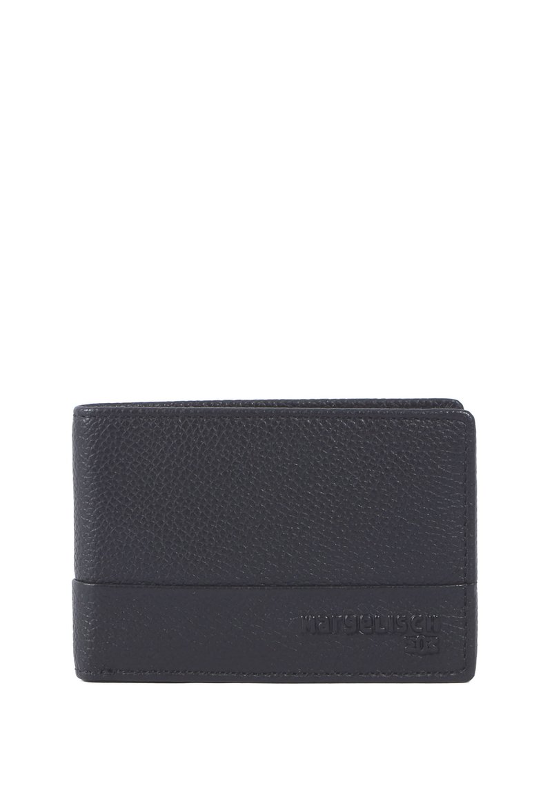 Svart läderplånbok med en texturerad yta. Har en horisontell design, subtilt logotyppräglad och en strömlinjeformad form för enkel bärbarhet.