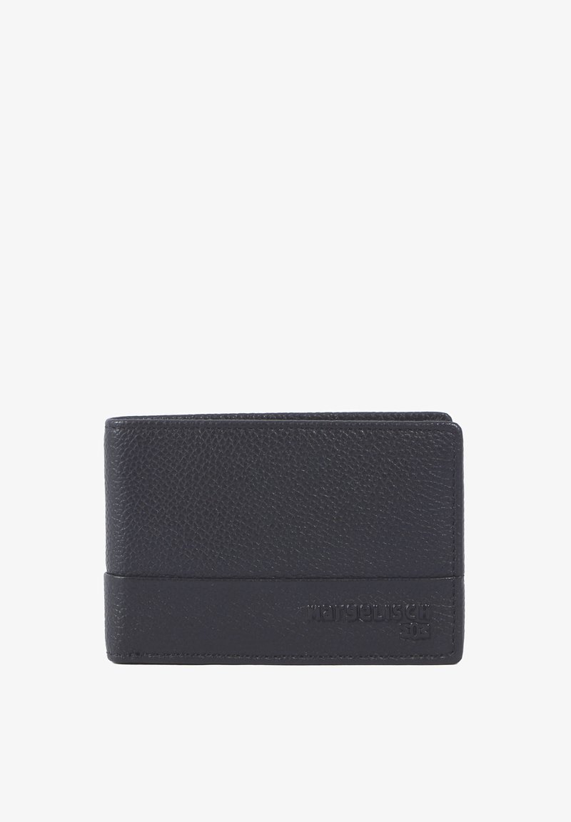 Svart läderplånbok med en texturerad yta. Har en horisontell design, subtilt logotyppräglad och en strömlinjeformad form för enkel bärbarhet.