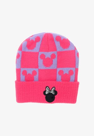 Knit beanie featuring a pink and lavender checkerboard pattern with Mickey Mouse silhouettes and a black embroidered Minnie Mouse patch.