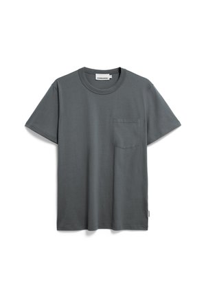 Grijze katoenen t-shirt met een ronde halslijn, korte mouwen en een borstzakje. Bevat een subtiele merketiket aan dezijnaad.