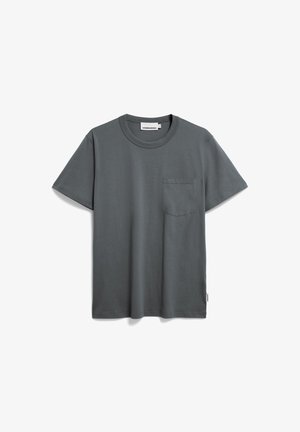 Grijze katoenen t-shirt met een ronde halslijn, korte mouwen en een borstzakje. Bevat een subtiele merketiket aan dezijnaad.