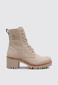 Beige Leder-Stiefelette mit strukturiertem Finish, Schnürdesign, 4 cm Blockabsatz und robustem Sohlenprofil. Verfügt über ein geprägtes Logo an der Seite.