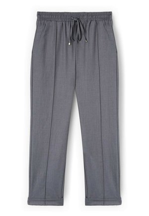 Pantaloni leggeri grigi con vita elasticizzata e coulisse. Caratterizzati da due pieghe frontali e risvolti sul fondo.