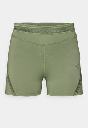 Sportieve shorts in olijfgroen, gemaakt van rekbaar materiaal, met een netband en zijpanelen, en een subtiele logo aan de voorkant.