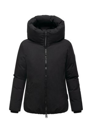 Giacca invernale imbottita nera con colletto alto imbottito, zip frontale, maniche lunghe e tasche laterali.