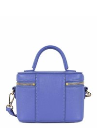 Piccola borsa a tracolla in pelle viola con un design strutturato, dotata di due tasche con zip, una maniglia corta e una tracolla removibile.