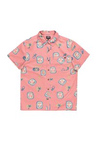 Korte mouw knoopsluiting shirt in koraalkleurige stof met kleurrijke tribale patronen van gezichten, palmbomen en hagedissen. Inclusief een borstzak.