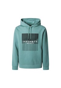 Sudadera color teal con un gráfico frontal que muestra "HACKETT" y "SPORT" en blanco rodeados de líneas verticales negras. Presenta una capucha con cordón.