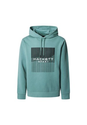 Sudadera color teal con un gráfico frontal que muestra "HACKETT" y "SPORT" en blanco rodeados de líneas verticales negras. Presenta una capucha con cordón.